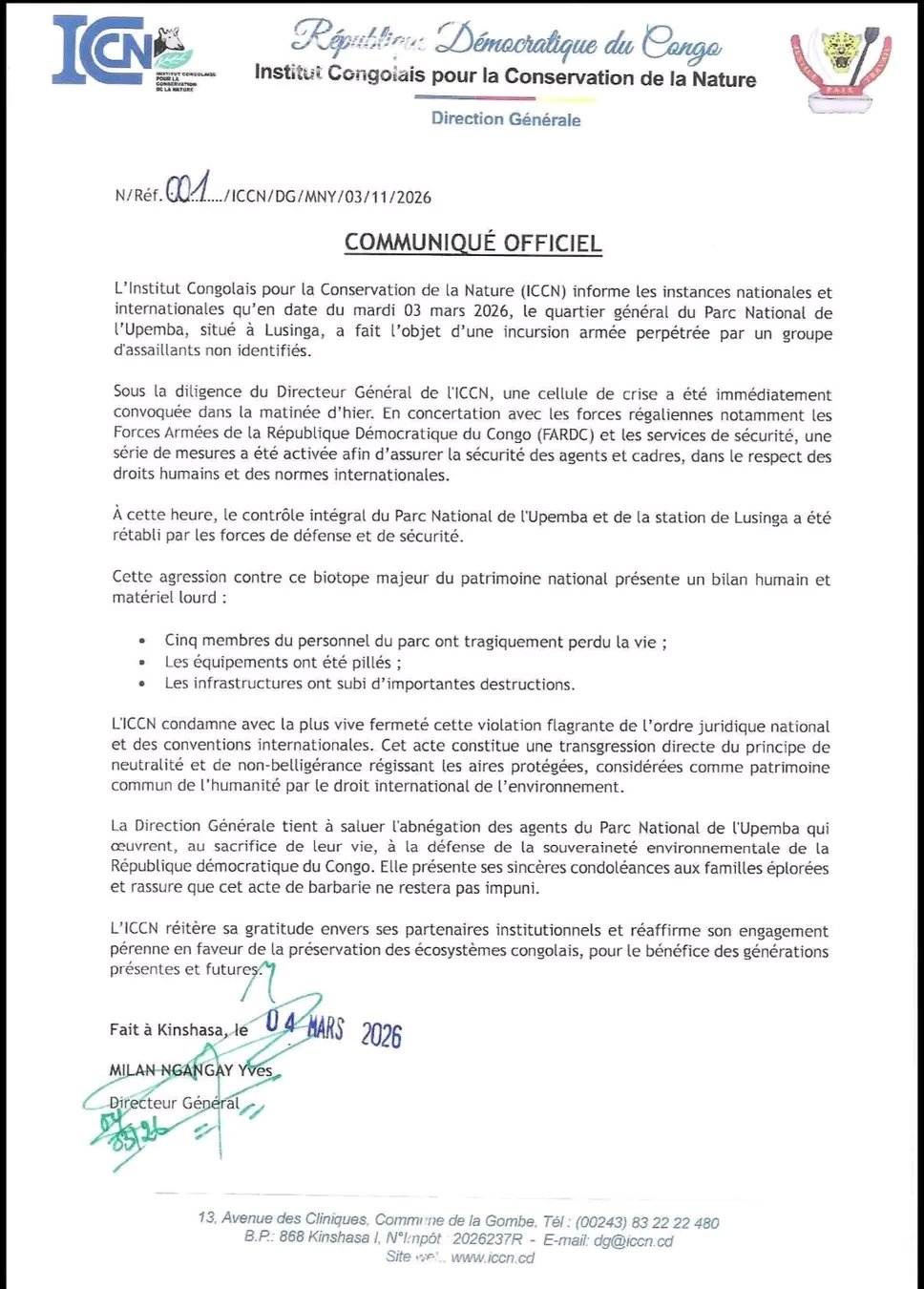 RDC : Cinq agents œuvrant au parc national de l’Upemba abattus lors d’une incursion armée (Communiqué officiel)