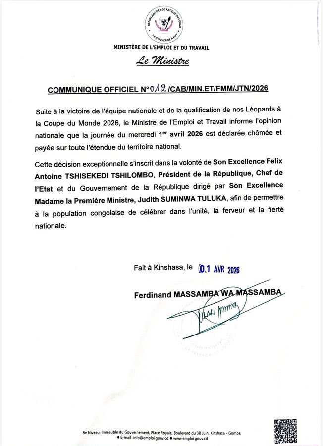 Qualification des Léopards : le Gouvernement déclare chômée  et payée la journée du 1 avril