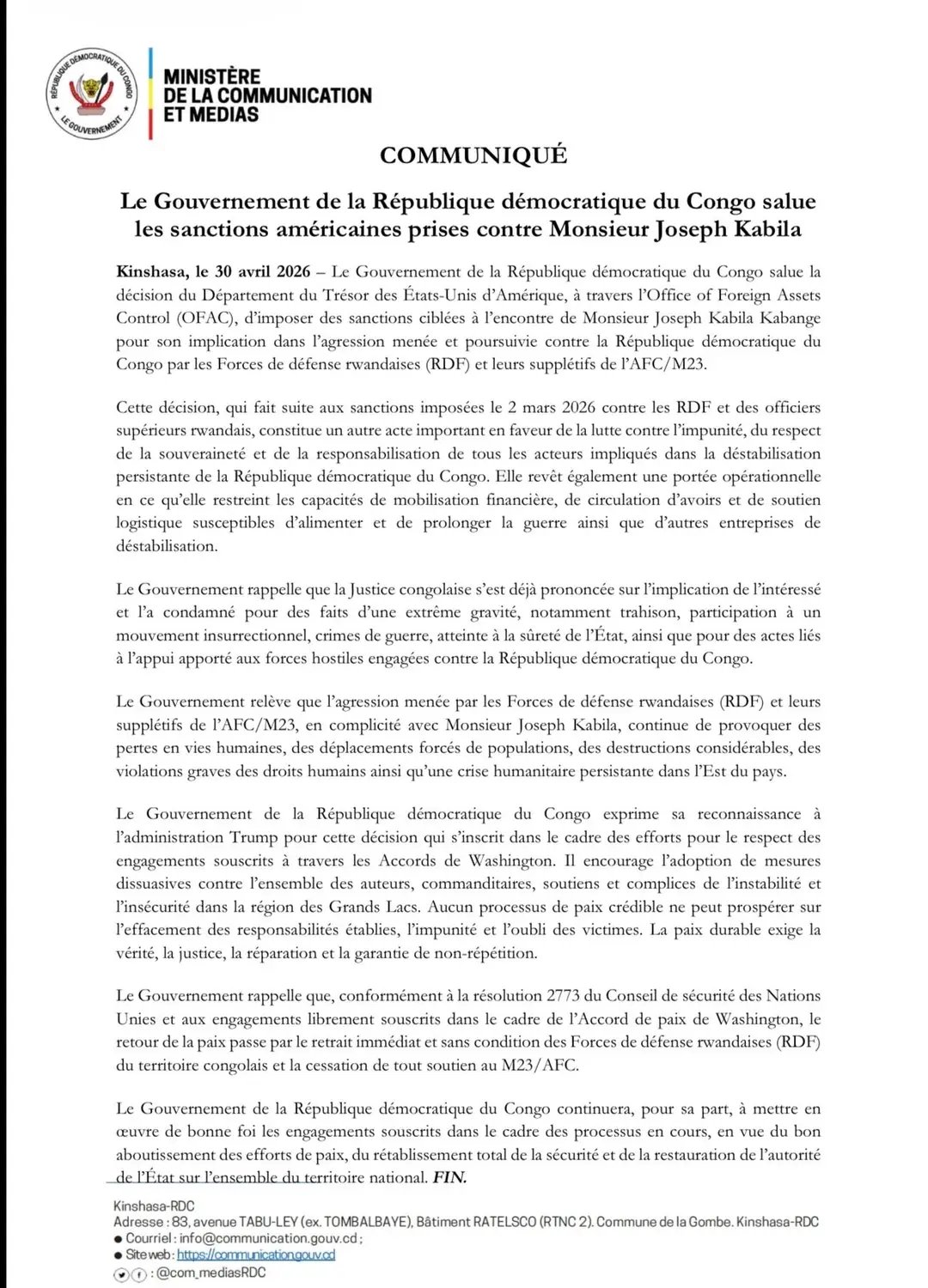 Sanctions américaines contre Joseph Kabila : le Gouvernement congolais s'en réjouit