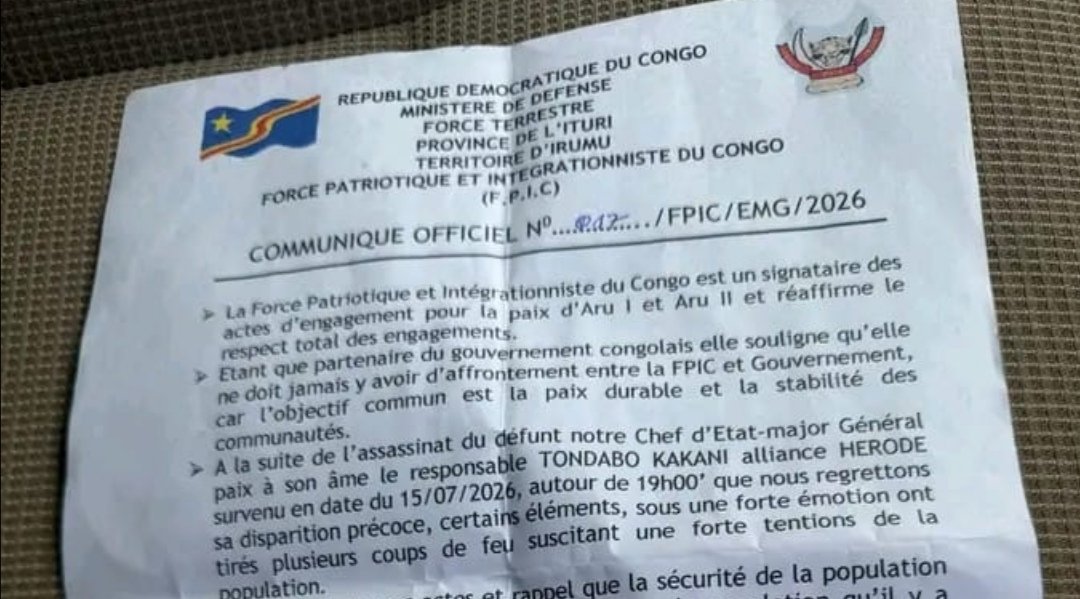 Ituri : la FPIC appelle au calme et retour des habitants après la mort de son Chef